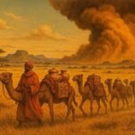 A wealthy caravan carrying gold across the savannah before disappearing into a mysterious storm