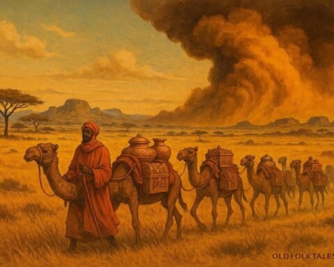 A wealthy caravan carrying gold across the savannah before disappearing into a mysterious storm