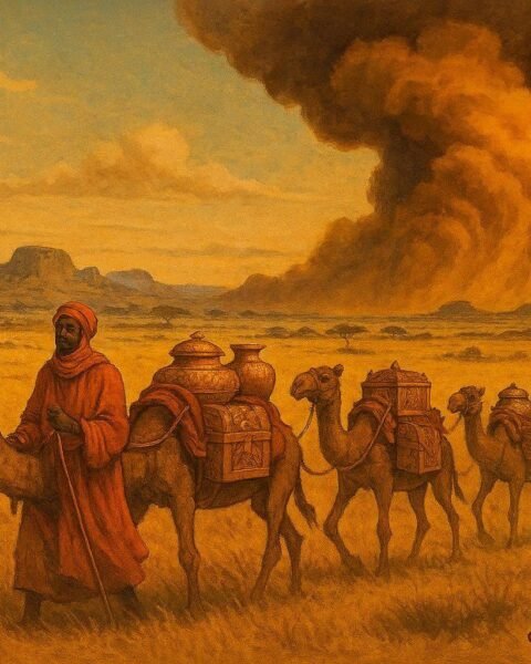 A wealthy caravan carrying gold across the savannah before disappearing into a mysterious storm