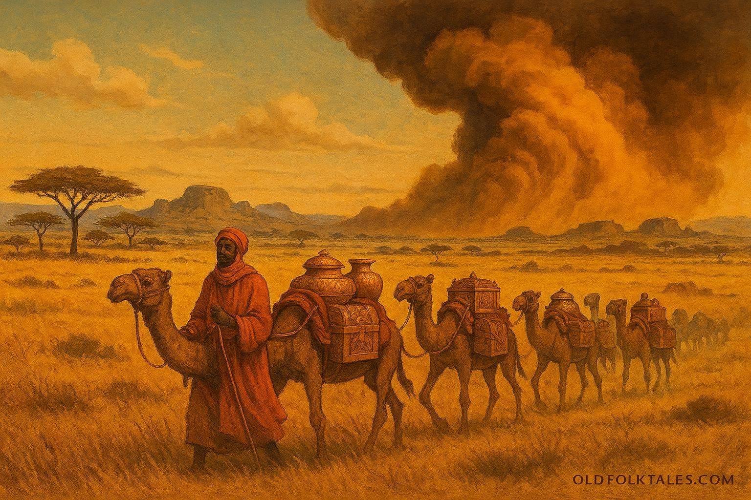 A wealthy caravan carrying gold across the savannah before disappearing into a mysterious storm
