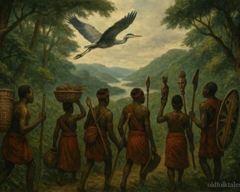 Yaka families traveling through forests guided by ancestral signs during a migration journey