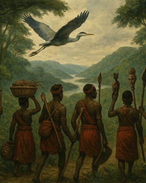 Yaka families traveling through forests guided by ancestral signs during a migration journey