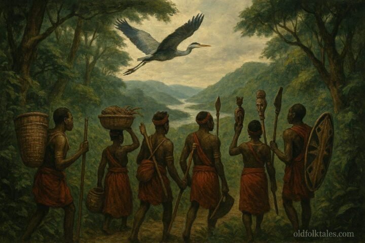 Yaka families traveling through forests guided by ancestral signs during a migration journey