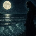 A mysterious moonlit woman standing beside the ocean on the shores of Nosy Be Madagascar