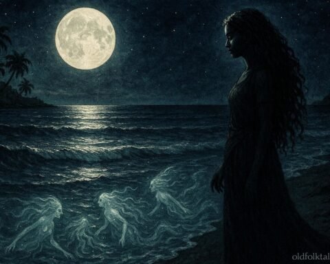A mysterious moonlit woman standing beside the ocean on the shores of Nosy Be Madagascar