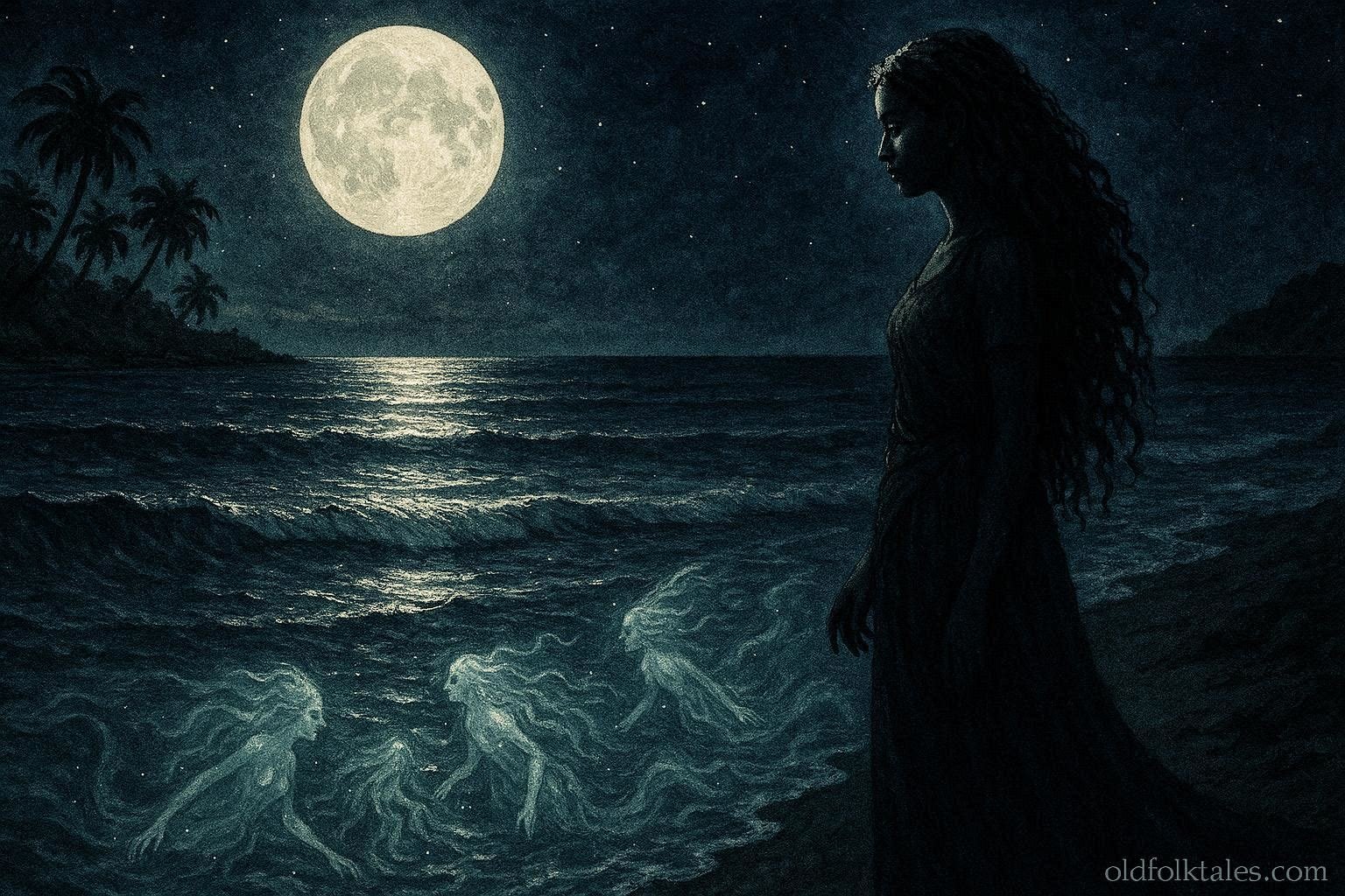 A mysterious moonlit woman standing beside the ocean on the shores of Nosy Be Madagascar