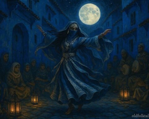 A mysterious dancer performing beneath the full moon in the blue streets of Chefchaouen
