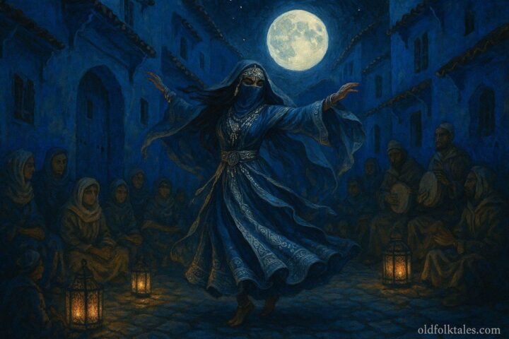 A mysterious dancer performing beneath the full moon in the blue streets of Chefchaouen