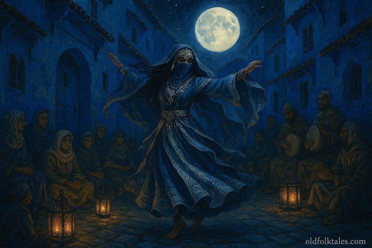 A mysterious dancer performing beneath the full moon in the blue streets of Chefchaouen