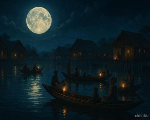 Villagers celebrating a sacred moon festival in the stilt village of Nzulezu above the lake