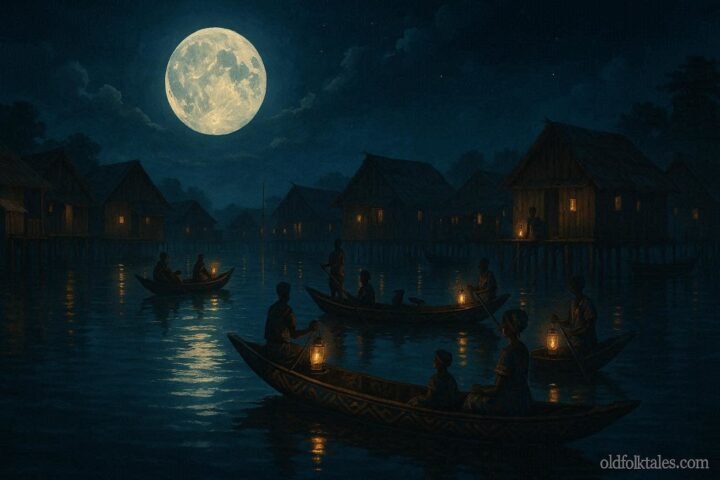 Villagers celebrating a sacred moon festival in the stilt village of Nzulezu above the lake