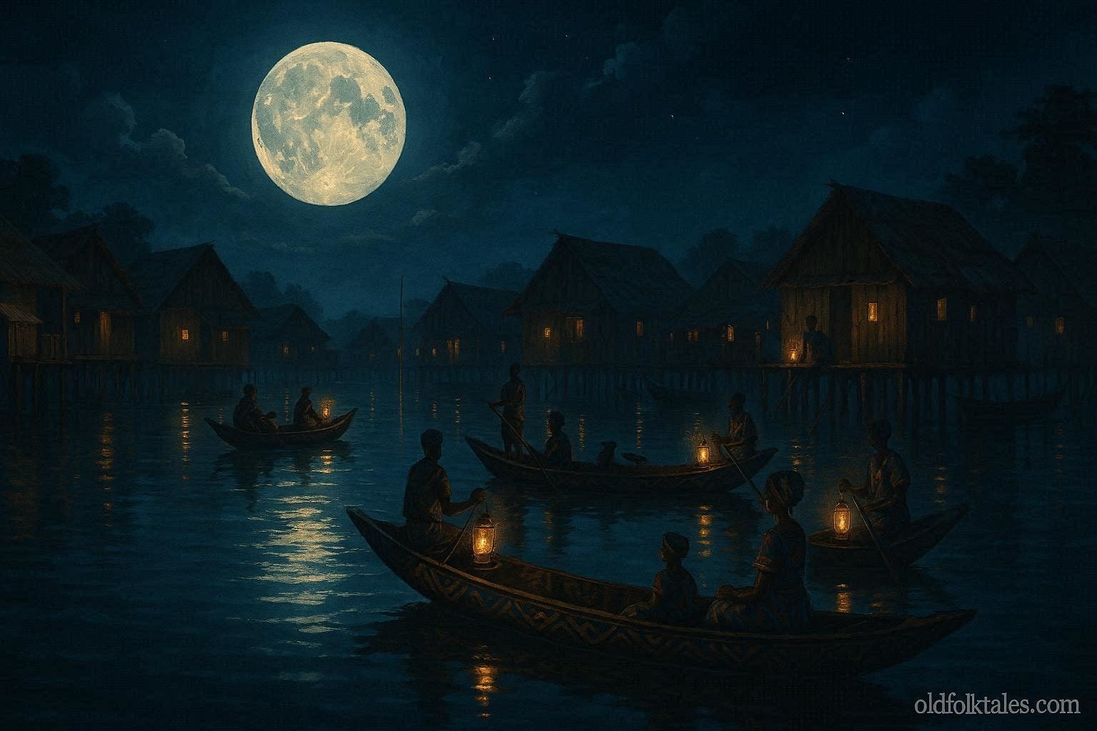 Villagers celebrating a sacred moon festival in the stilt village of Nzulezu above the lake