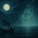 Fishermen encountering a ghostly boat on moonlit waters off the coast of Somalia