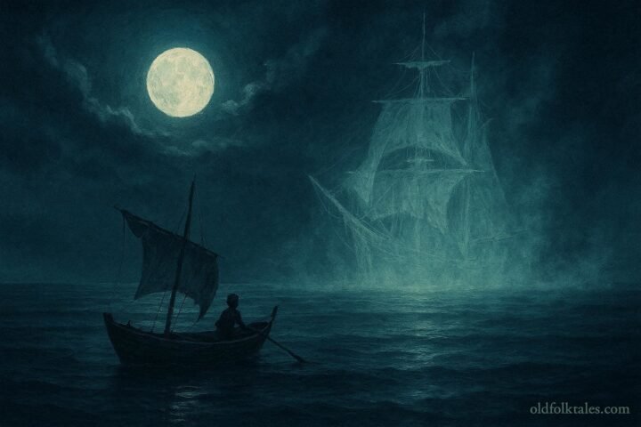 Fishermen encountering a ghostly boat on moonlit waters off the coast of Somalia