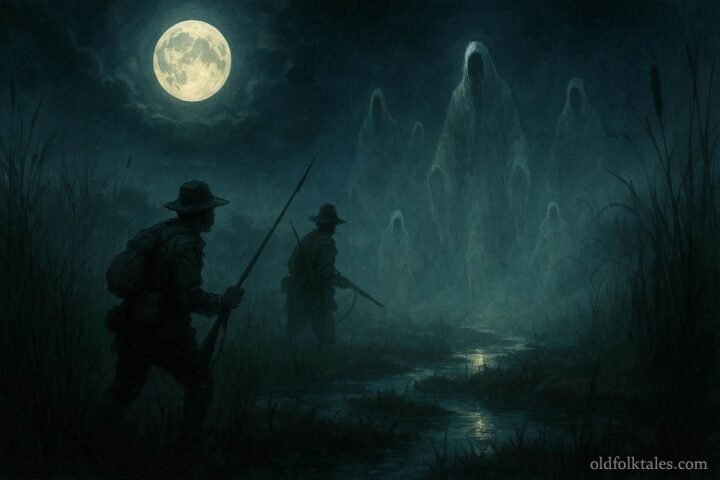 Hunters encountering mysterious spirits in the Bangweulu wetlands during a full moon