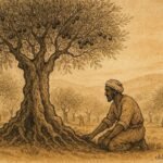 An illustration of farmer beside ancient olive tree, Tunisian folktale scene.