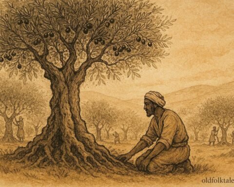 An illustration of farmer beside ancient olive tree, Tunisian folktale scene.