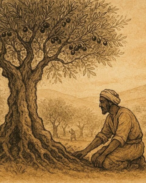 An illustration of farmer beside ancient olive tree, Tunisian folktale scene.