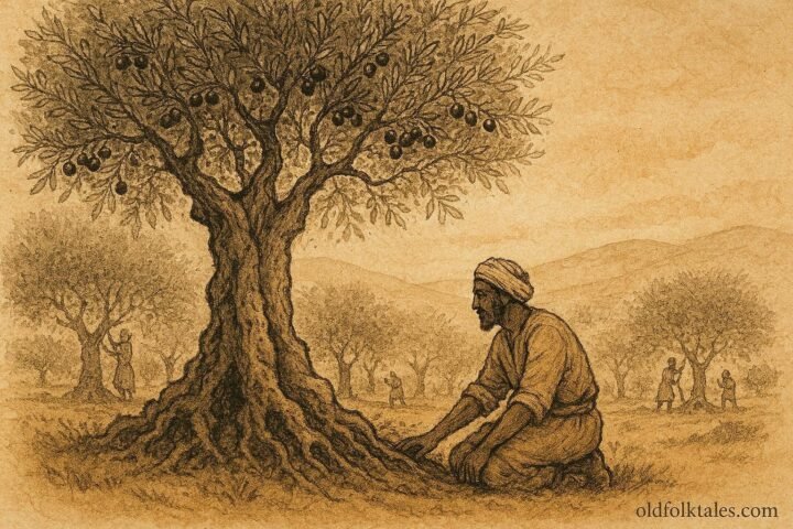 An illustration of farmer beside ancient olive tree, Tunisian folktale scene.
