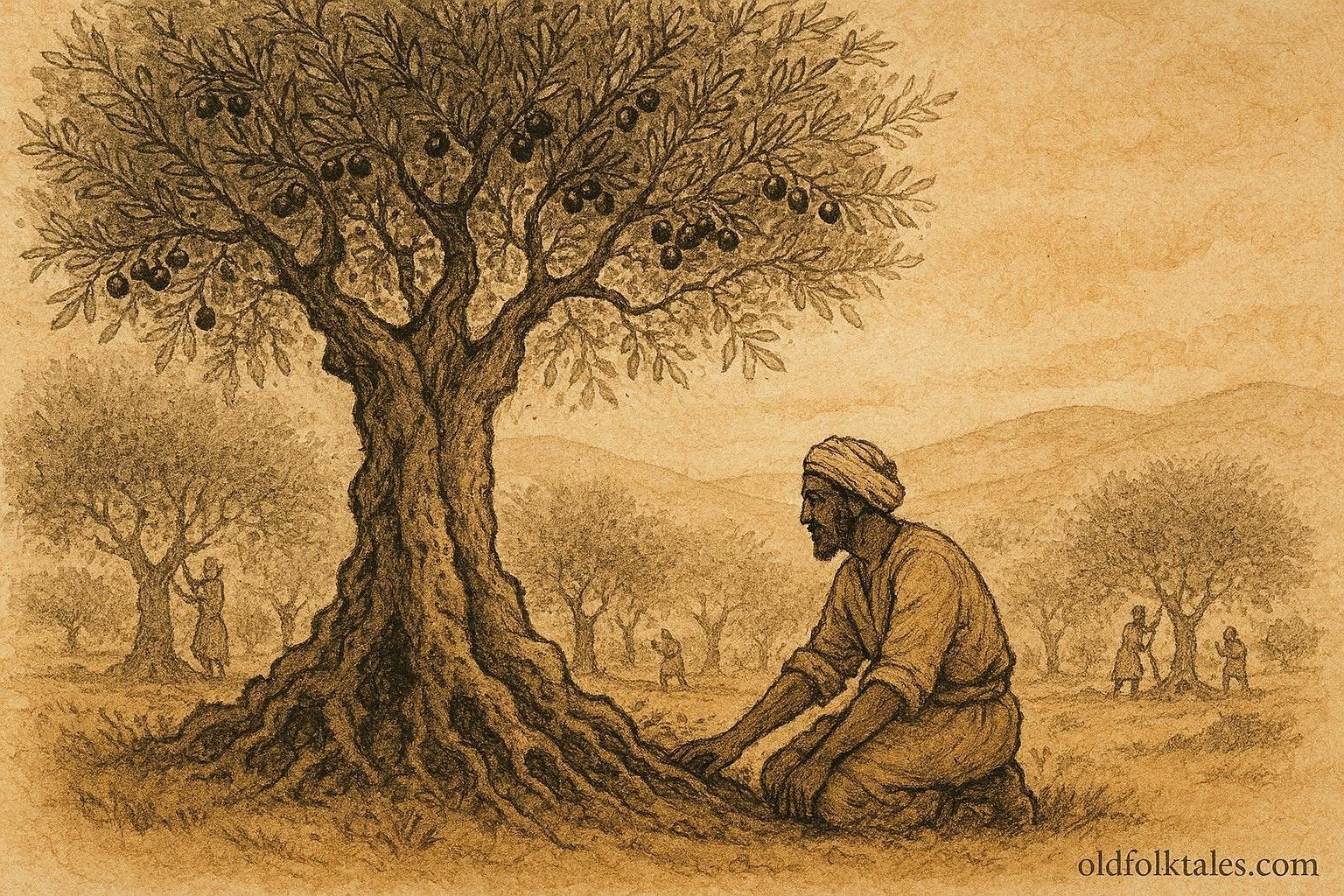 An illustration of farmer beside ancient olive tree, Tunisian folktale scene.