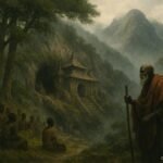 An elderly oracle standing near a sacred mountain shrine in the misty hills of Amedzofe
