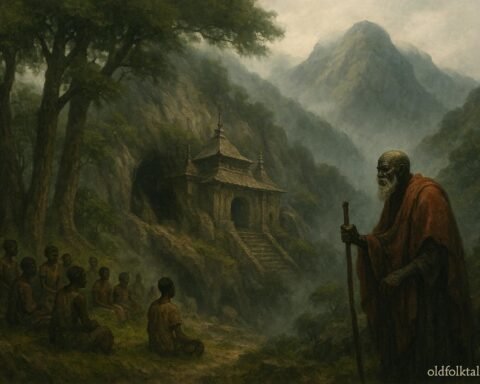 An elderly oracle standing near a sacred mountain shrine in the misty hills of Amedzofe