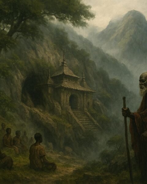 An elderly oracle standing near a sacred mountain shrine in the misty hills of Amedzofe
