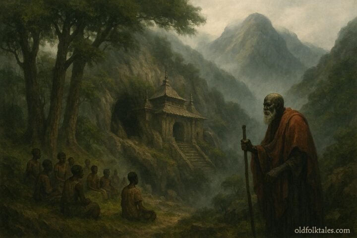 An elderly oracle standing near a sacred mountain shrine in the misty hills of Amedzofe