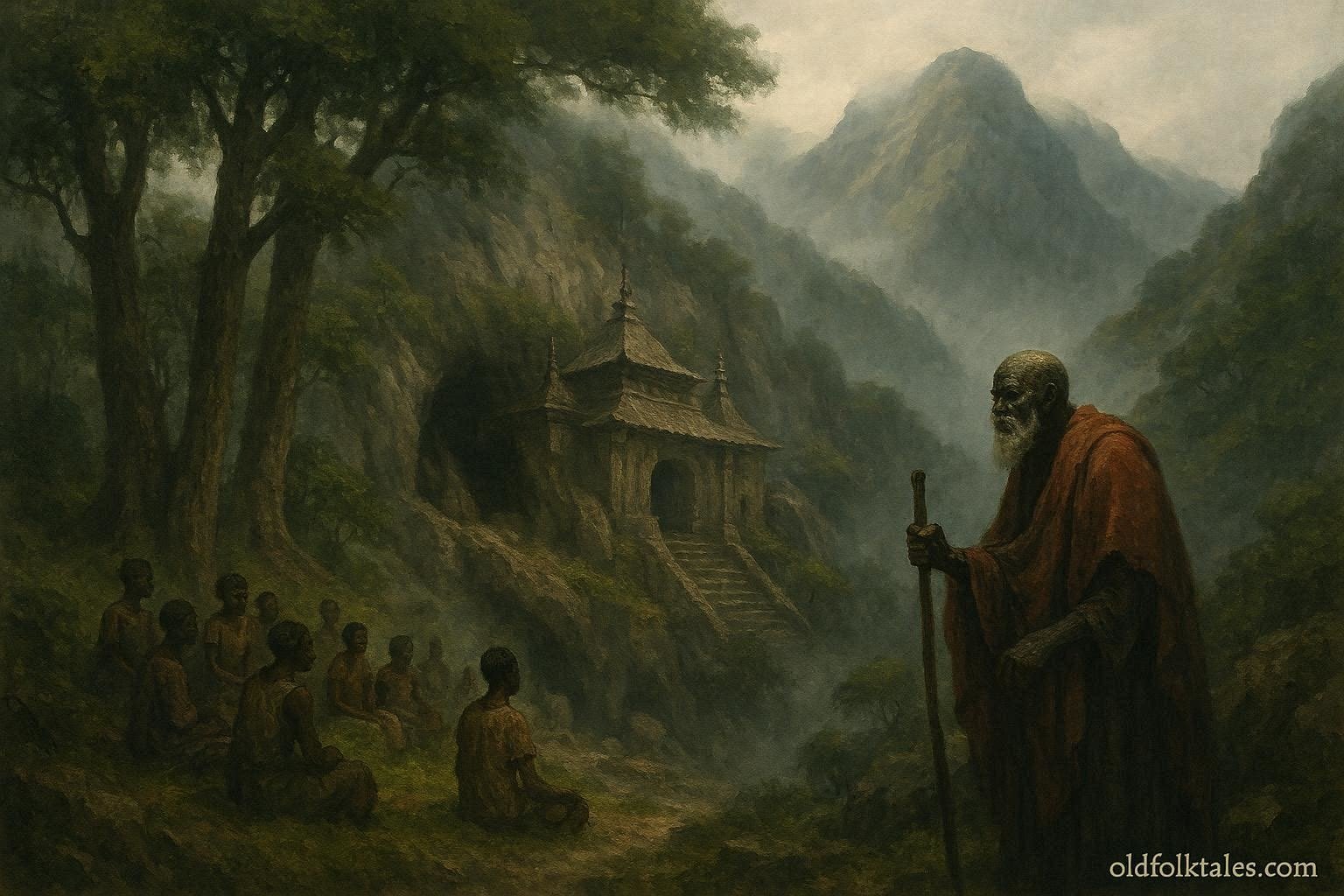 An elderly oracle standing near a sacred mountain shrine in the misty hills of Amedzofe
