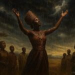 A spiritual queen calling rain over a drought-stricken plains as villagers watch in awe