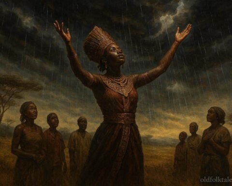 A spiritual queen calling rain over a drought-stricken plains as villagers watch in awe