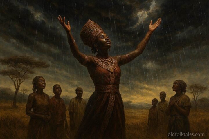 A spiritual queen calling rain over a drought-stricken plains as villagers watch in awe