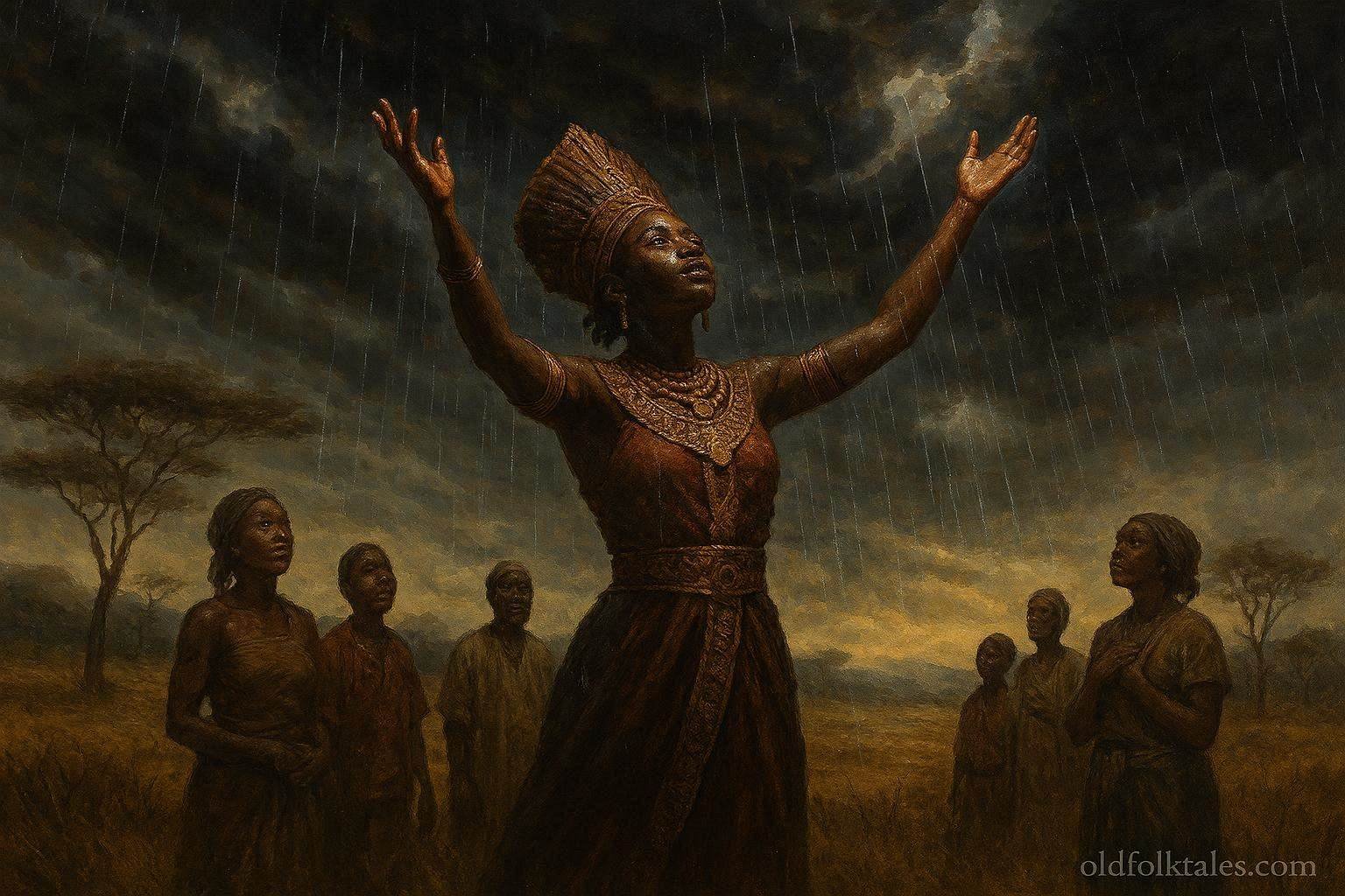 A spiritual queen calling rain over a drought-stricken plains as villagers watch in awe