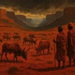 Sacred royal cattle grazing across the red plains of southern Madagascar during drought