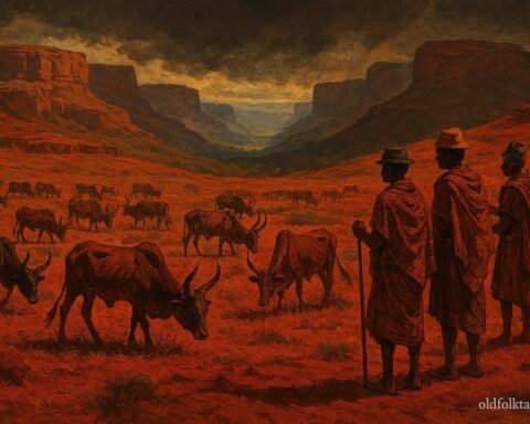 Sacred royal cattle grazing across the red plains of southern Madagascar during drought