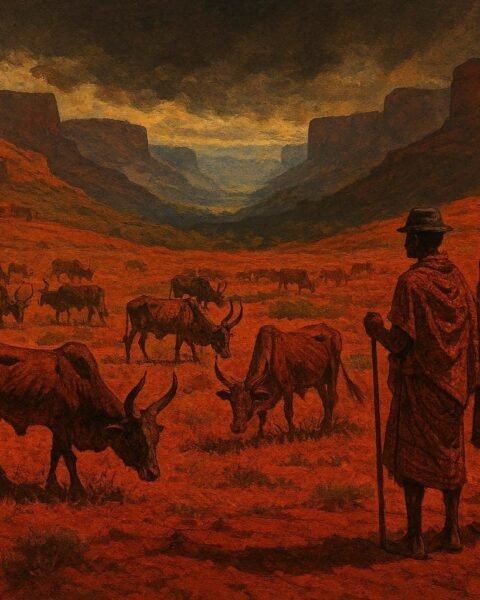 Sacred royal cattle grazing across the red plains of southern Madagascar during drought