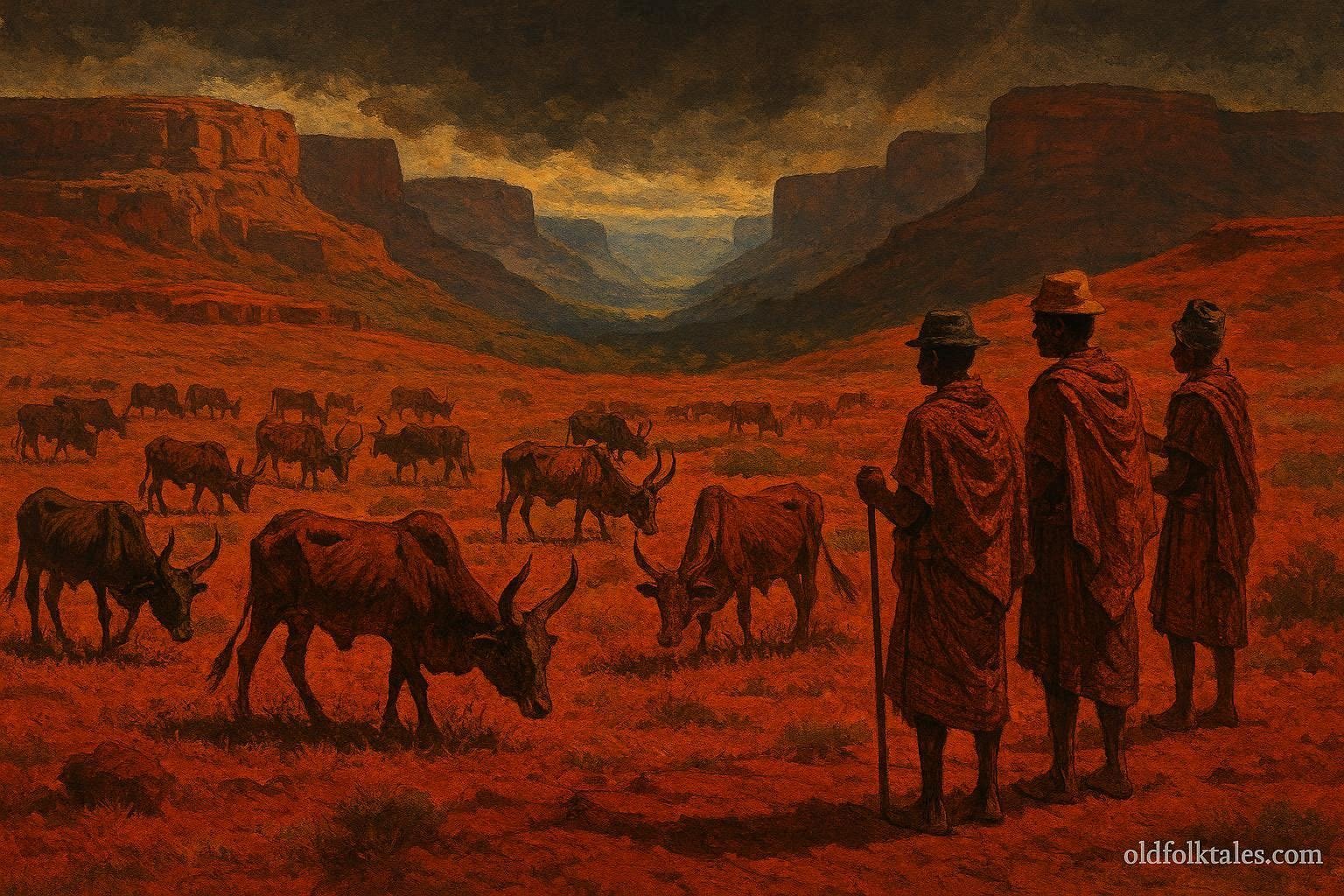 Sacred royal cattle grazing across the red plains of southern Madagascar during drought