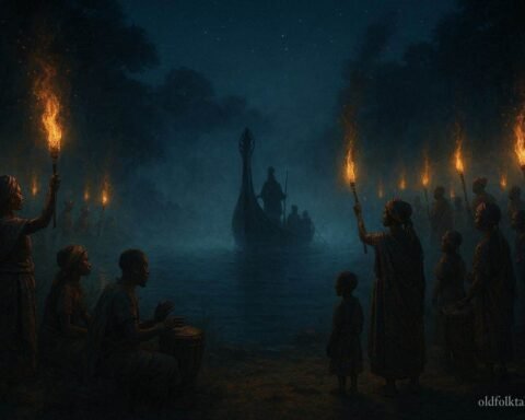 A sacred ceremonial canoe appearing through mist on the Kafue River during a festival