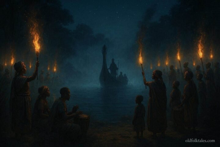 A sacred ceremonial canoe appearing through mist on the Kafue River during a festival