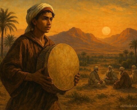 A young musician returning a sacred ceremonial drum during a peace gathering in Morocco’s Sous Valley