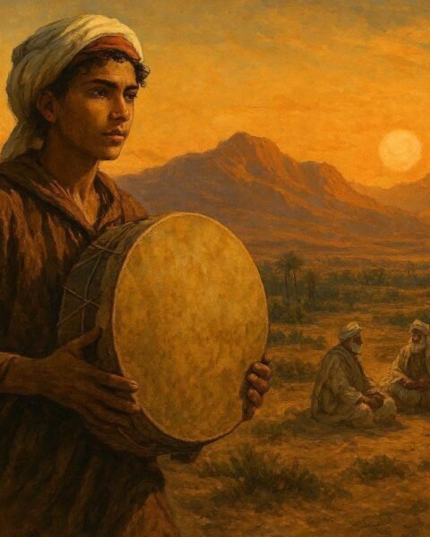 A young musician returning a sacred ceremonial drum during a peace gathering in Morocco’s Sous Valley