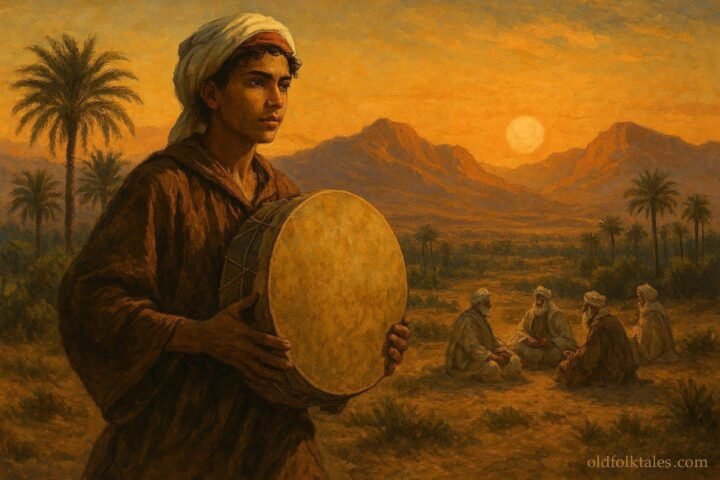 A young musician returning a sacred ceremonial drum during a peace gathering in Morocco’s Sous Valley