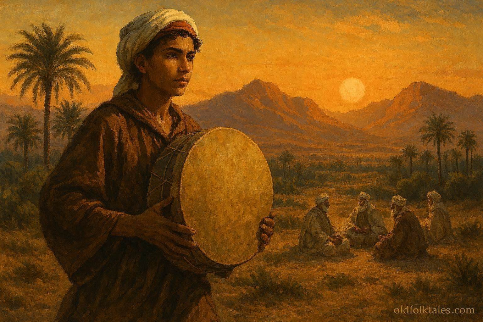 A young musician returning a sacred ceremonial drum during a peace gathering in Morocco’s Sous Valley