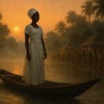 A ceremonial river bride standing in a canoe surrounded by misty waters in Guinea-Bissau