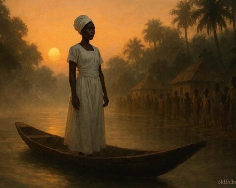 A ceremonial river bride standing in a canoe surrounded by misty waters in Guinea-Bissau