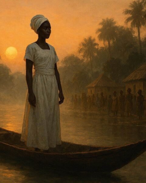A ceremonial river bride standing in a canoe surrounded by misty waters in Guinea-Bissau