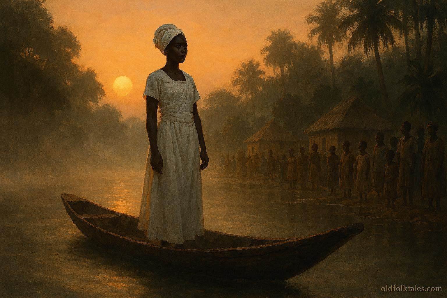 A ceremonial river bride standing in a canoe surrounded by misty waters in Guinea-Bissau