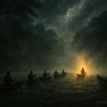 Seven sacred canoes traveling along the Ogooué River as one mysterious canoe disappears into the mist