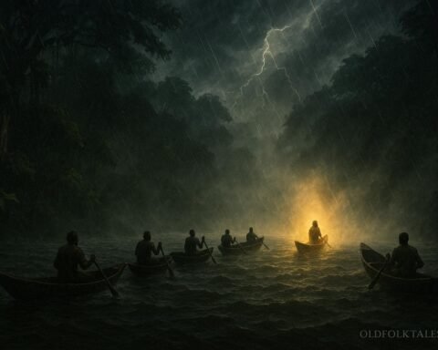 Seven sacred canoes traveling along the Ogooué River as one mysterious canoe disappears into the mist