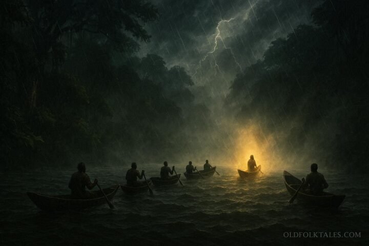Seven sacred canoes traveling along the Ogooué River as one mysterious canoe disappears into the mist